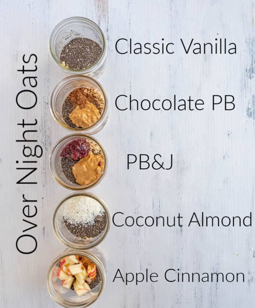 Top view of 5 jars with descriptions of 5 variations of overnight oats
