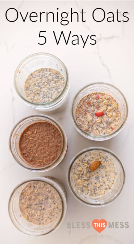 Title Image for Overnight Oats 5 Ways and top view of 5 jars of overnight oats