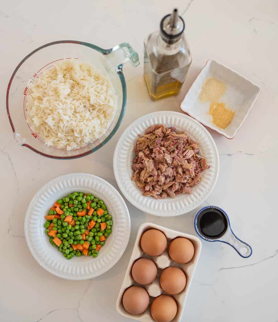 easy fried rice ingredients on white countertop