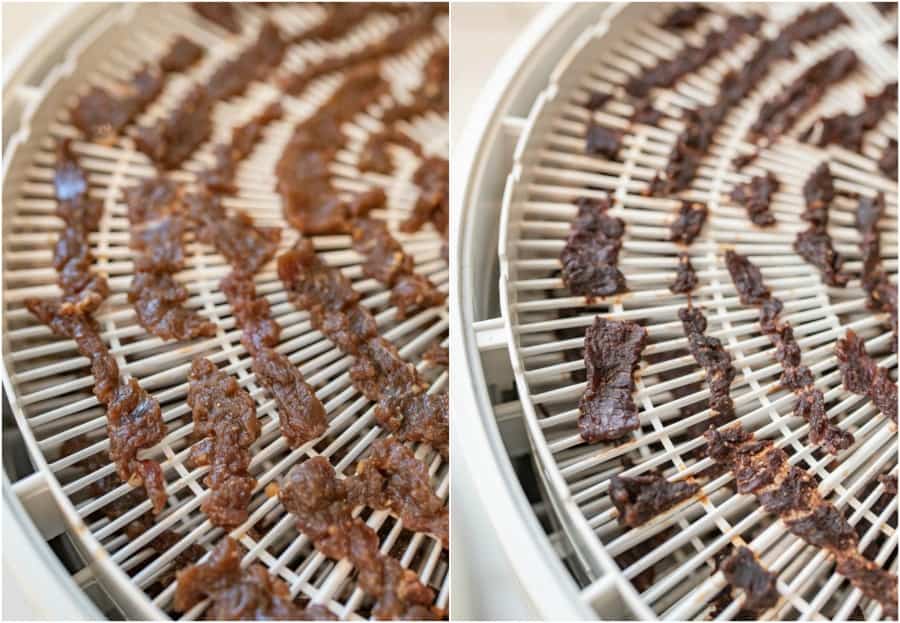 side by side photos of a dehydrator tray. The left side shows the meat strips before being dried and the right side shows the dried jerky.