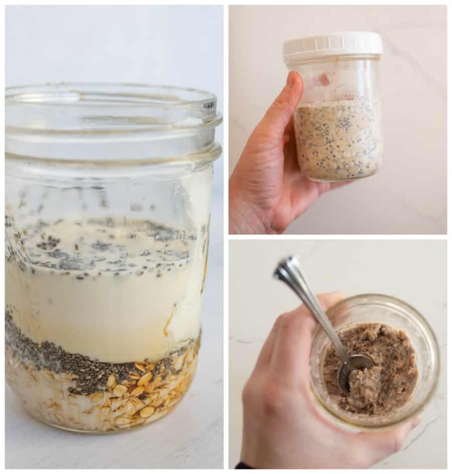 oats before stirring, after refrigeration, and what they look like before serving