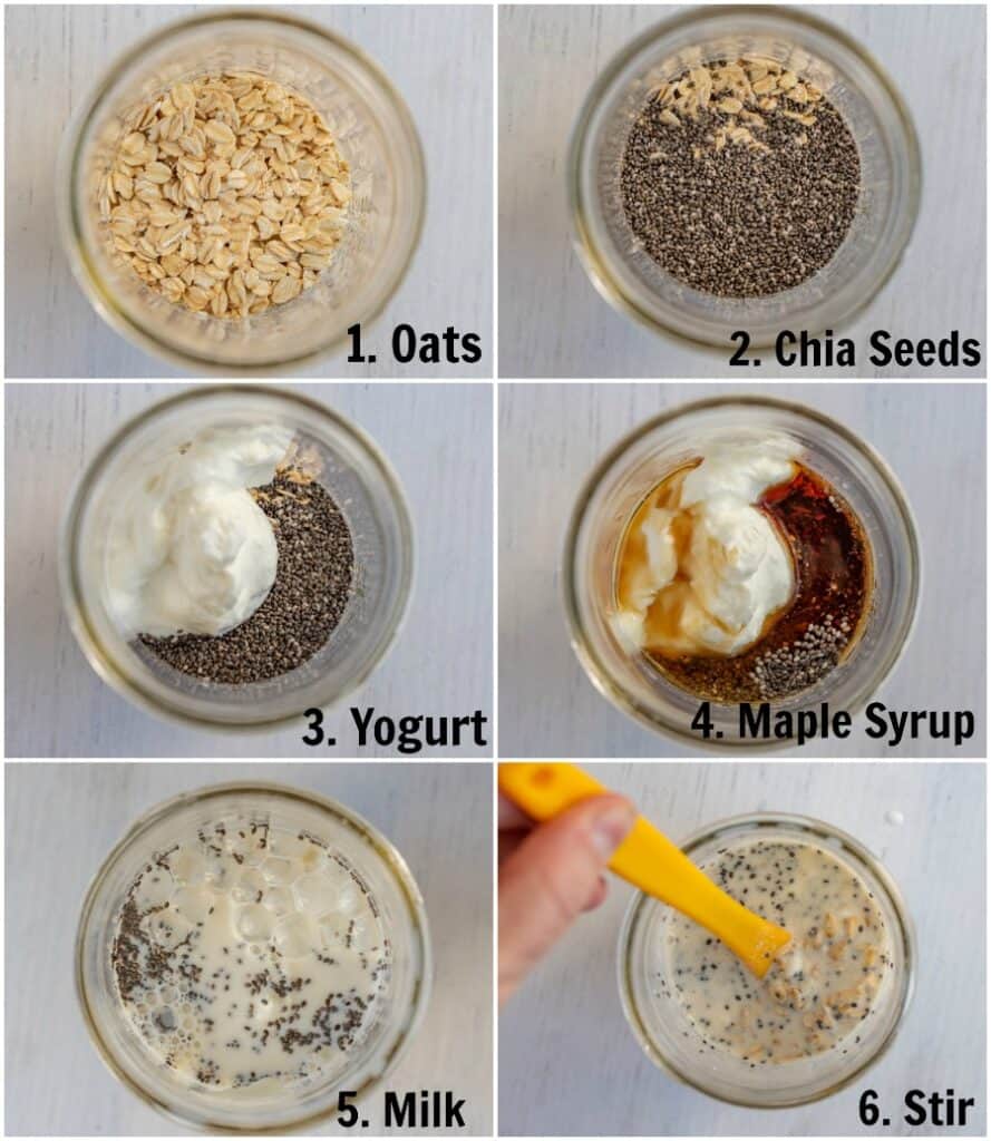 Six images to demonstrate the steps of making overnight oats in a jar