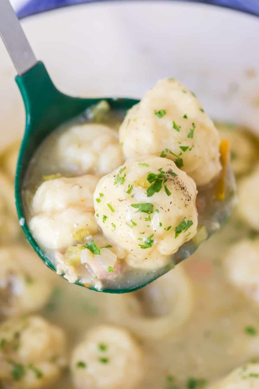 closeup image of dumplings and soup in ladle