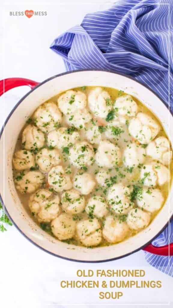 Old fashioned chicken and dumplings soup is a simple and cozy soup recipe that is fun and easy to make, tastes so delicious, and is great for a group. Truly anyone can make this soup, and it's a perfect simple recipe with hearty and wholesome ingredients, lovely flavor, and a good balance of protein, veggies, and yummy, puffy dumplings. #chickenanddumplings #chickendumplingssoup #chickenanddumplingsoup #chickensoup #souprecipe #dumplings #dumplingsoup