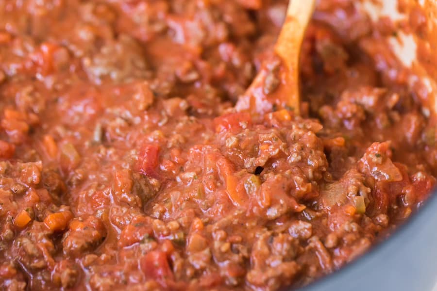 closeup image of a pot of homemade bolognese sauce