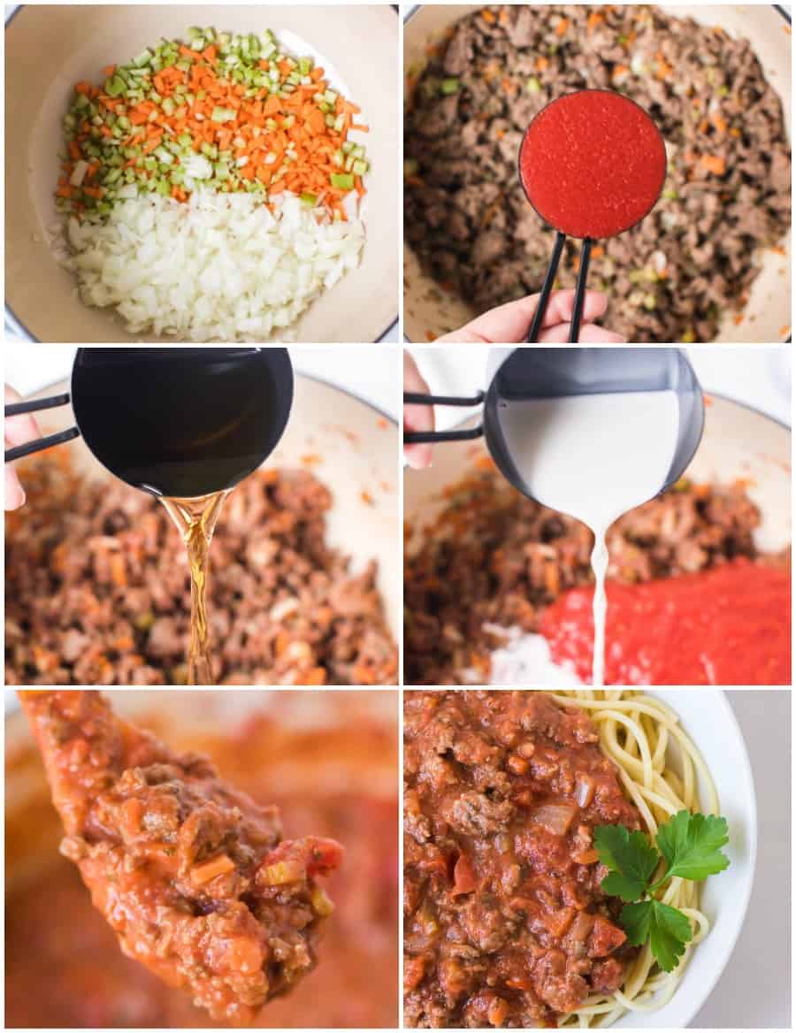 photo collage of how to make the best homemade bolognese sauce