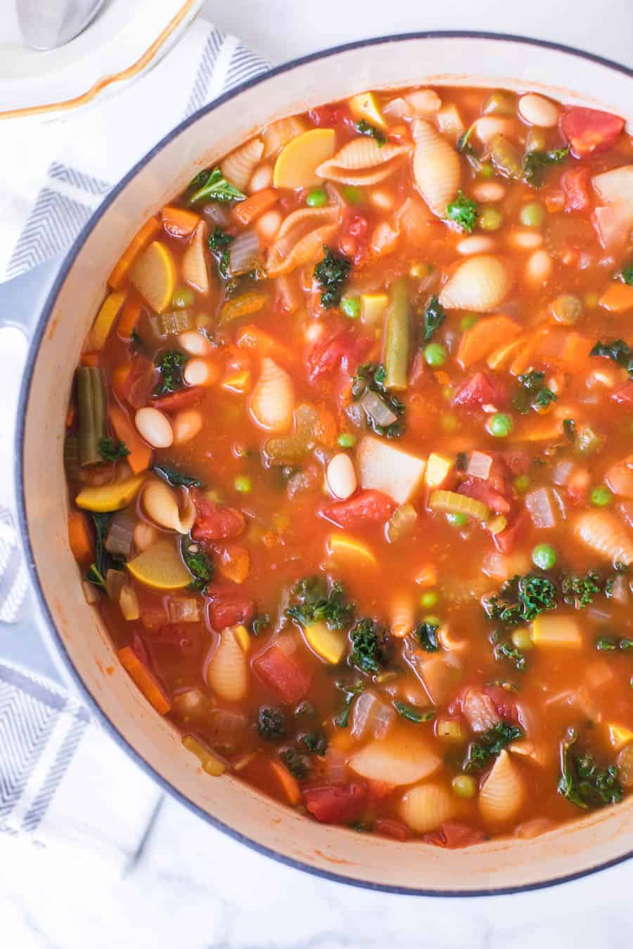 minestrone soup in a white bowl with blue rim on a blue and white checkered towel