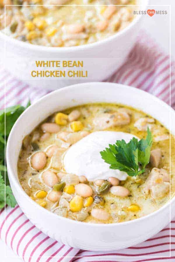 white bowl filled with white bean chicken chili