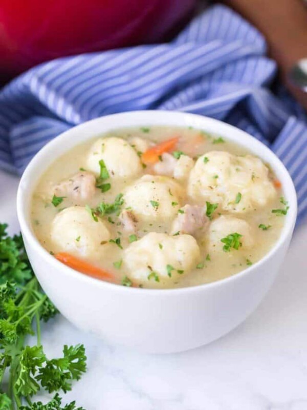 a bowl of chicken and dumpling soup