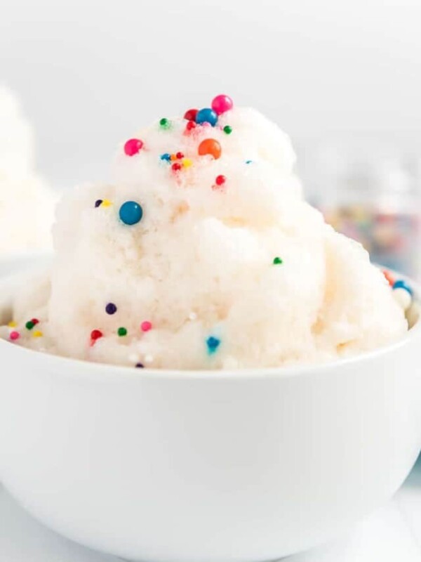 snow ice cream in a bowl with rainbow sprinkles