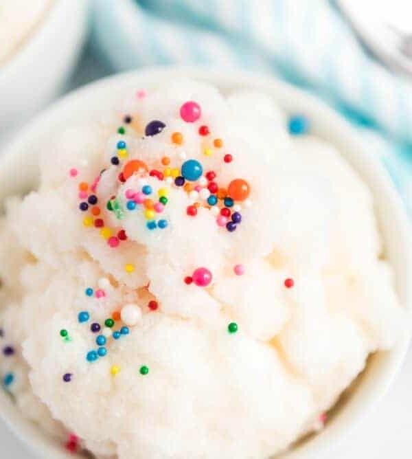 snow ice cream in a dish with colored sprinkles