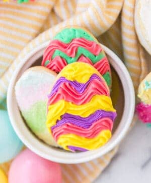 overhead shot of easter sugar cookies sitting in bowl