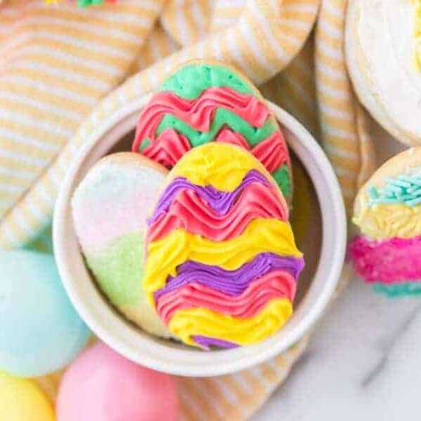 overhead shot of easter sugar cookies sitting in bowl