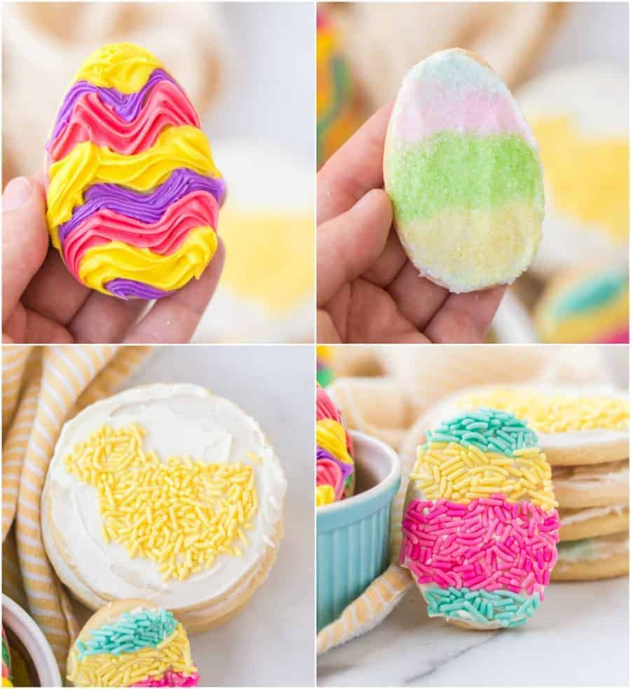 collage images showing different ways to decorate easter sugar cookies with icing and sprinkles