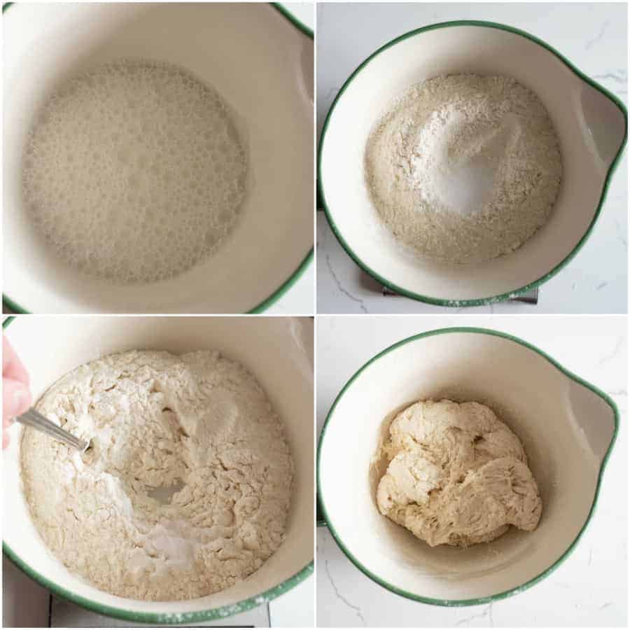 photo collage of sourdough starter turning into dough