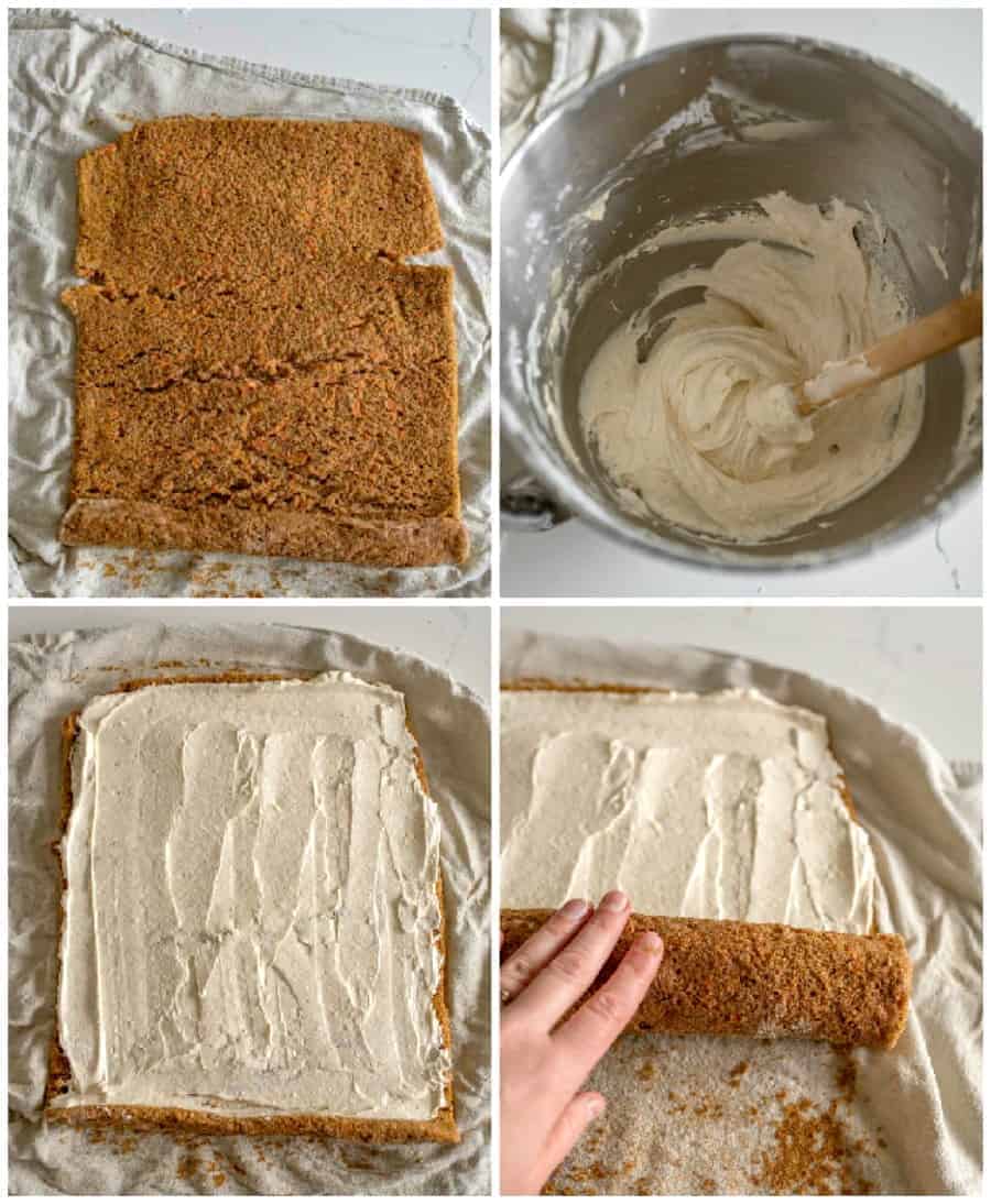 collage image of step by step how to spread icing and roll carrot cake roll