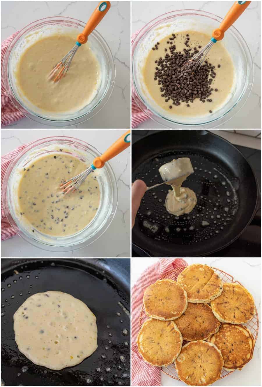 collage image of how to cook fluffy chocolate chip pancakes