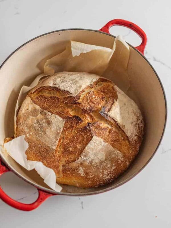 sourdough bread in dutch oven with red handles