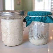 two sourdough starters in glass canning jar