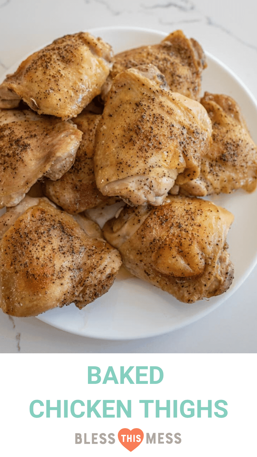 baked chicken thighs on round white plate on white countertop