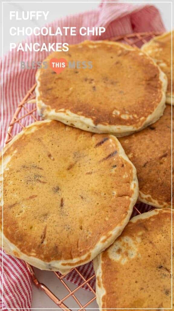 fluffy chocolate chip pancakes closeup pin