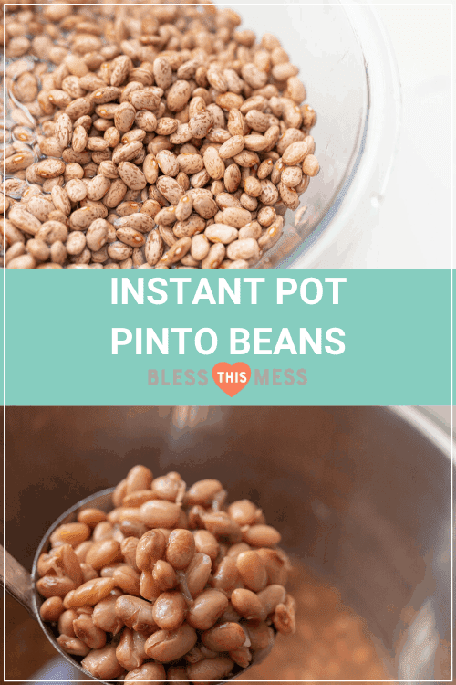 uncooked pinto beans and cooked instant pot pinto beans pin image