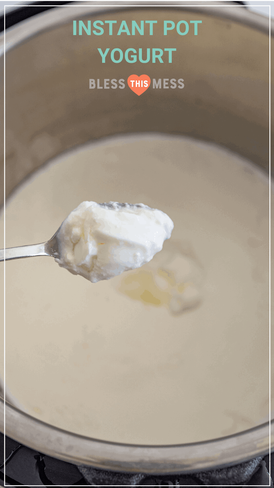 spoonful of instant pot yogurt held over instant pot pin image