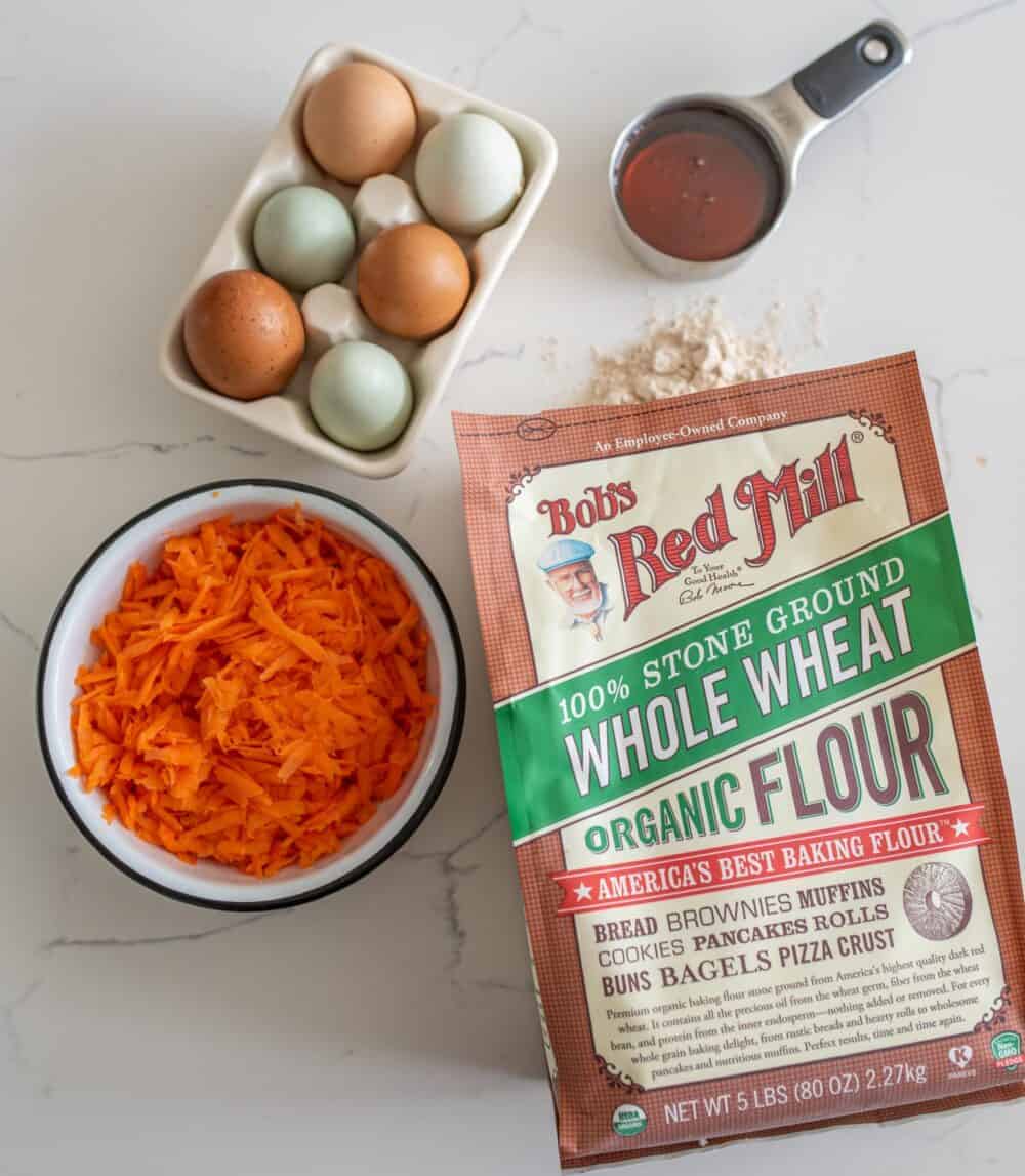 carrots, eggs, maple syrup, and bob's red mill whole wheat flour