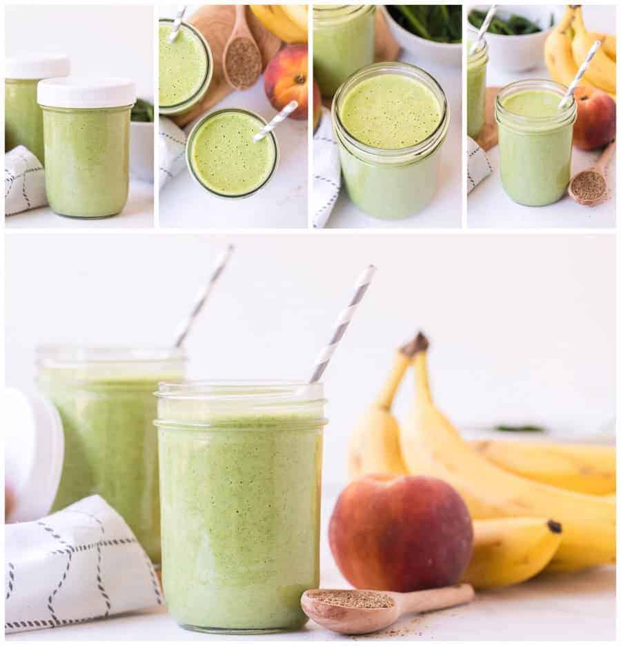 collage image of green smoothie in jar with lid with fruit and with gray and white paper straws