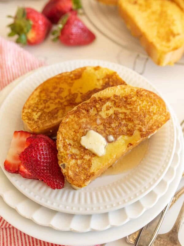 easy french toast with syrup butter and strawberries