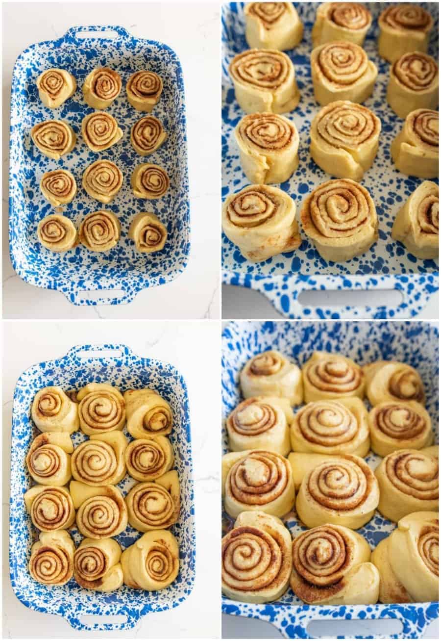 collage image of cinnamon rolls before and after baking in blue and white baking pan