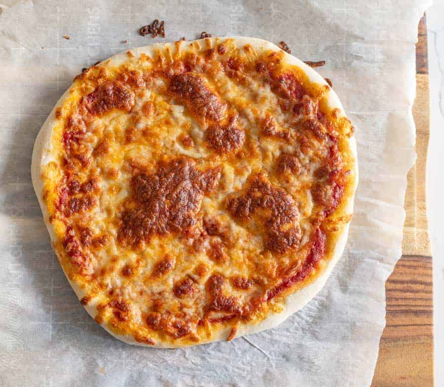 same day sourdough cheese pizza on parchment