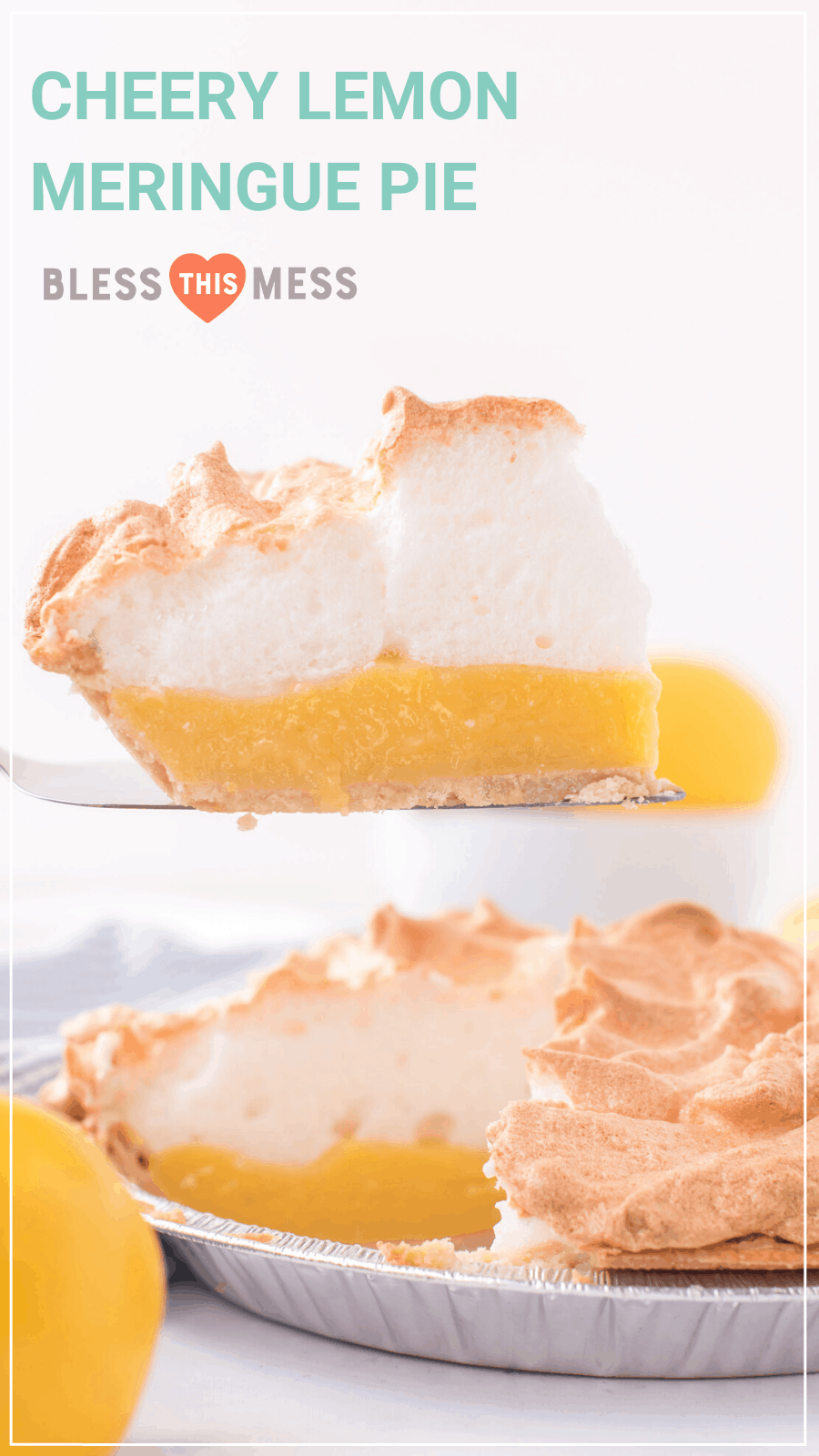lemon meringue pie with slice remove on pie server