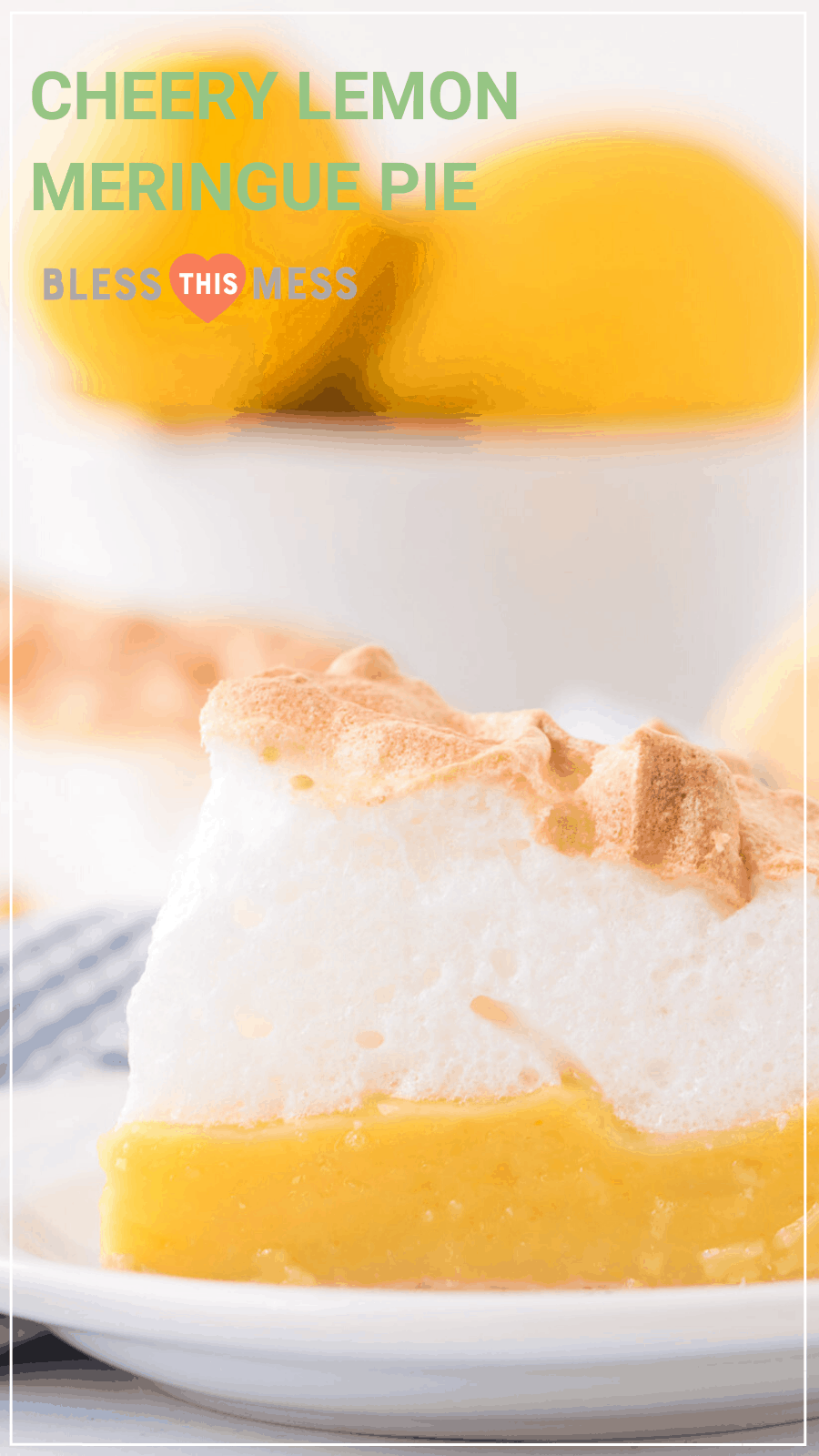 closeup of cheery lemon meringue pie slice with lemons