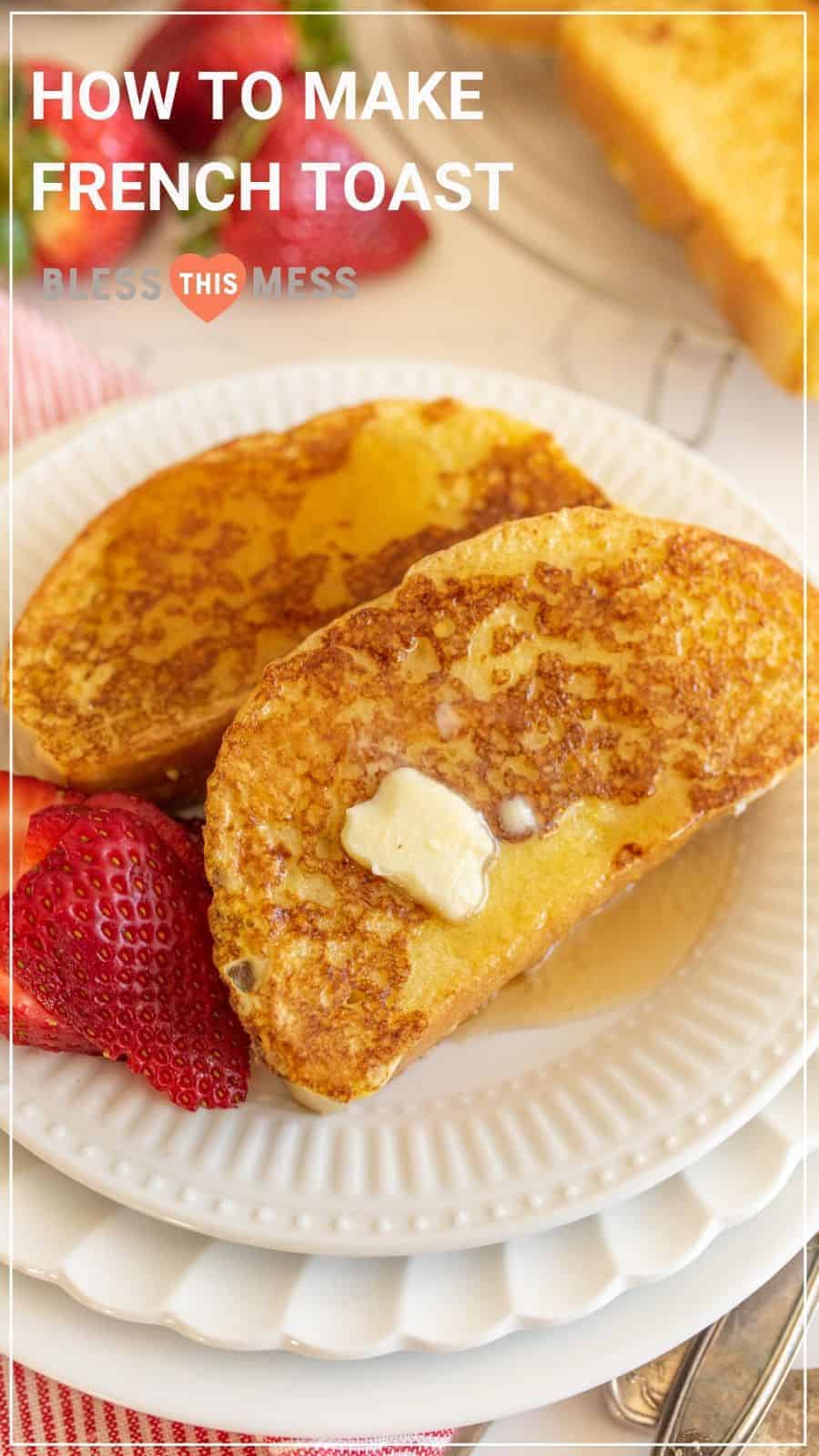 french toast with pat of butter and strawberries on round white plates