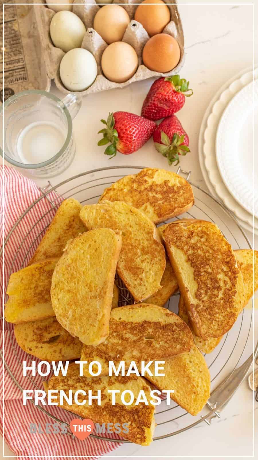 batch of french toast next to carton of eggs and strawberries