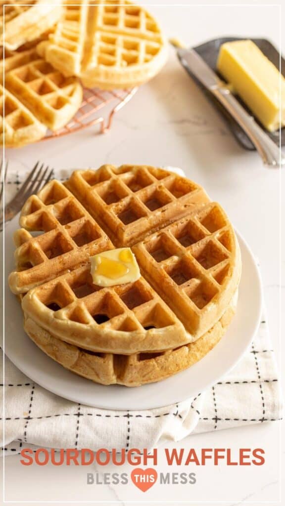 sourdough waffles on recipe pin