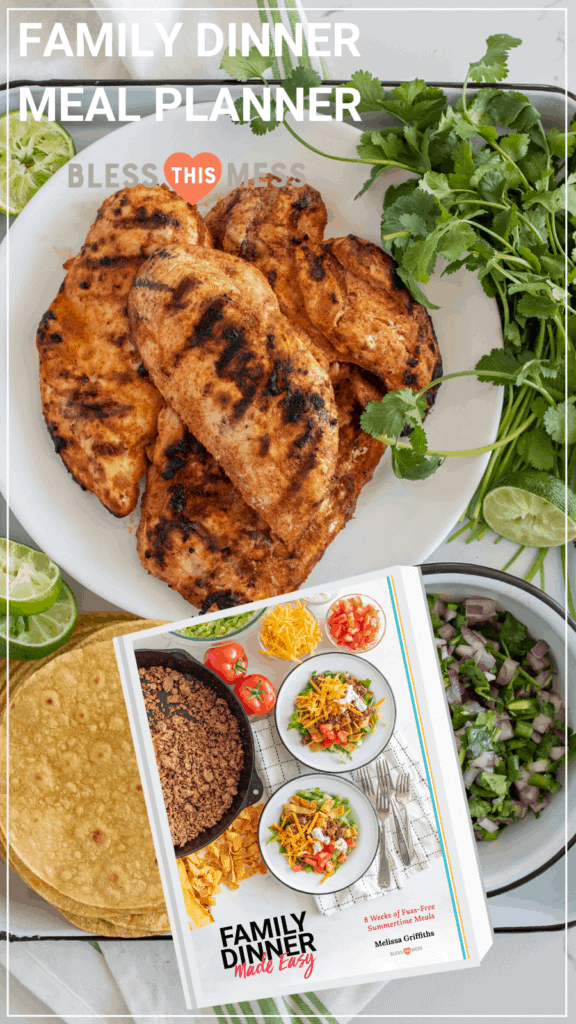 family dinner meal planner pin grilled chicken and photo of cookbook