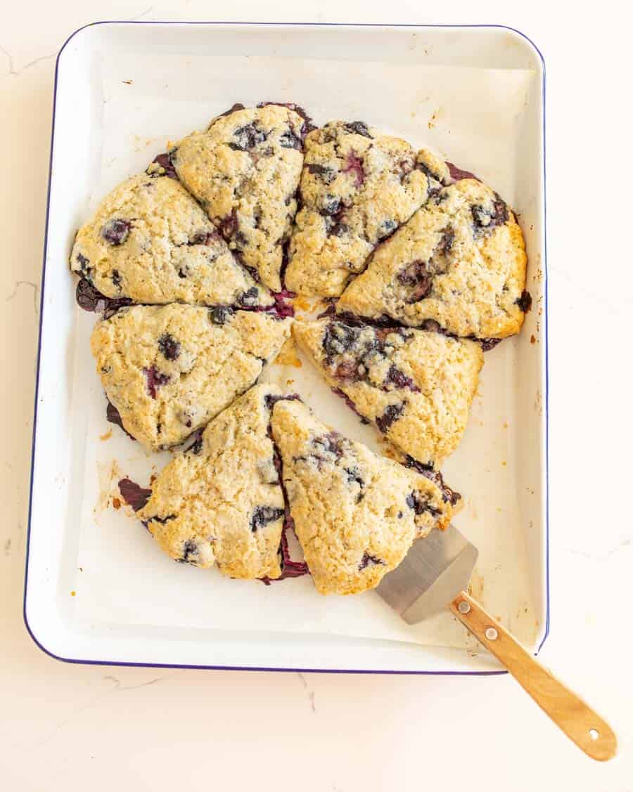 blueberry scones cut on white baking sheet with serving utensil