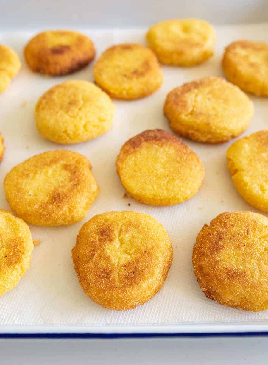 closeup of hot water cornbread on paper towel