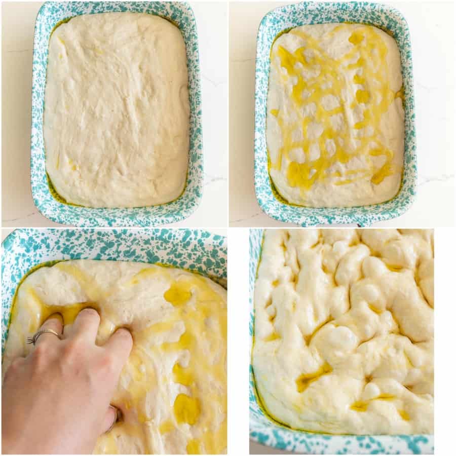 collage of step by step photos on how to make focaccia bread