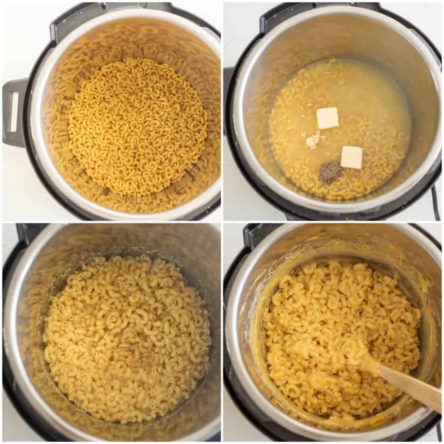 collate of steps to make mac and cheese in the instant pot raw noodles, through cooked noodles