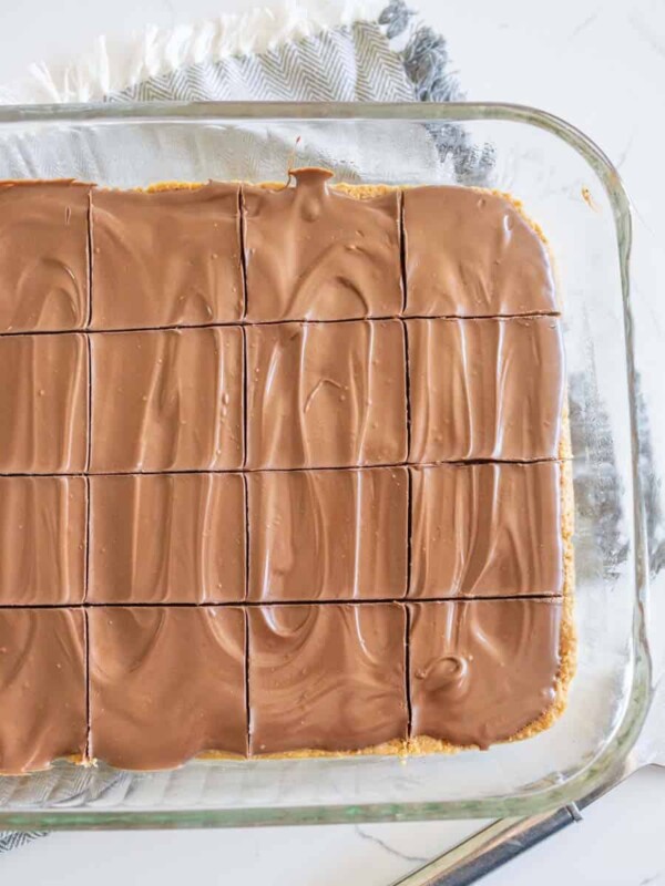 pan of peanut butter bars cut into pieces