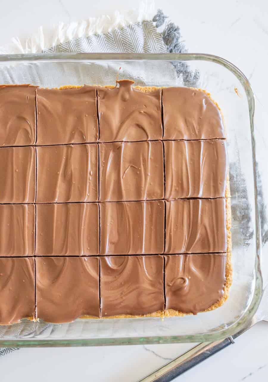 pan of peanut butter bars cut into pieces