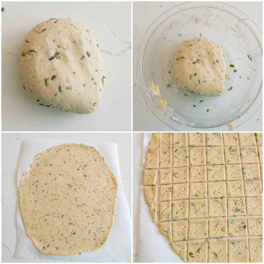 collage of steps to make sourdough crackers