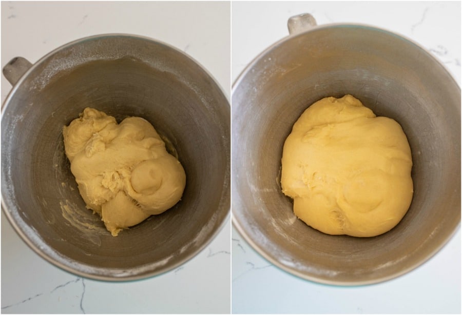 donut dough after mixing and after rising in metal bowl