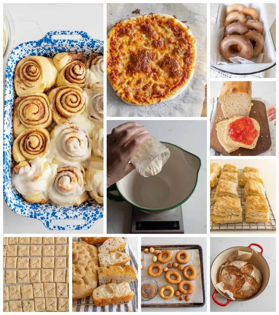 sourdough collage of 10 different recipes like cinnamon rolls, traditional bread, biscuits and more