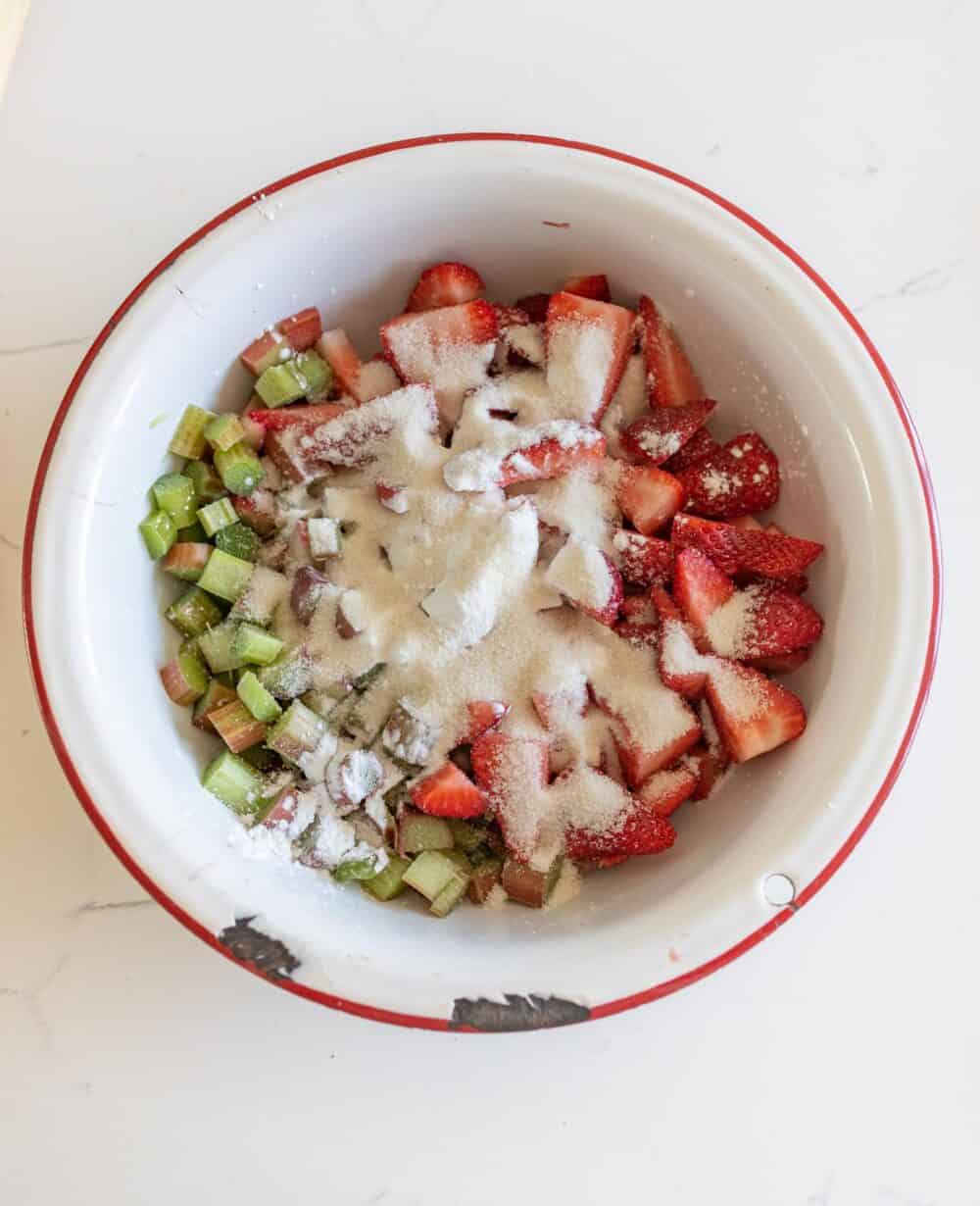 strawberry and rhubarb chopped and in white enamel bowl with sugar on top