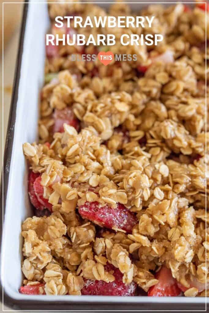 easy strawberry rhubarb crisp in baking pan pin