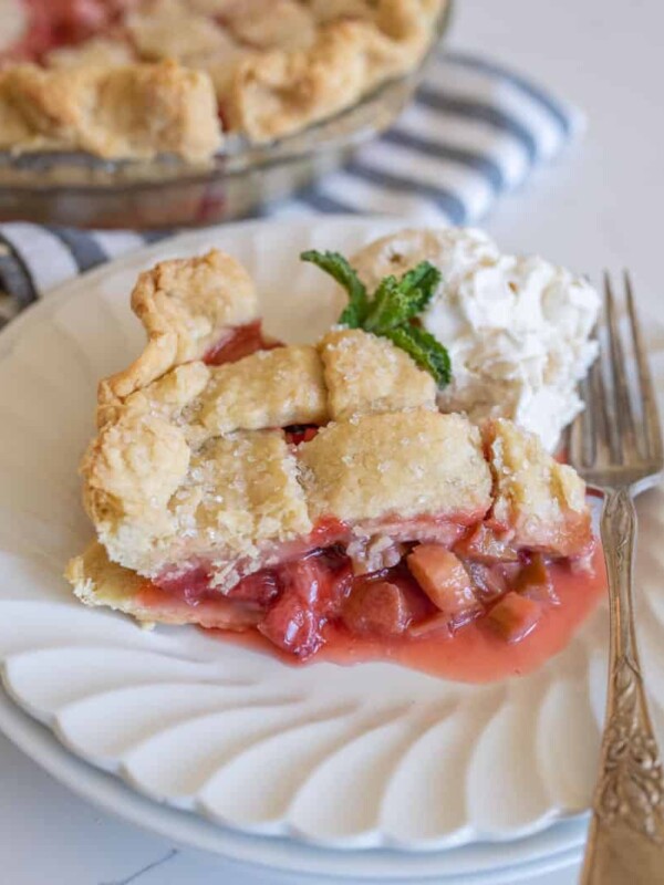lattice pie crust strawberry rhubarb pie dished out on a plate